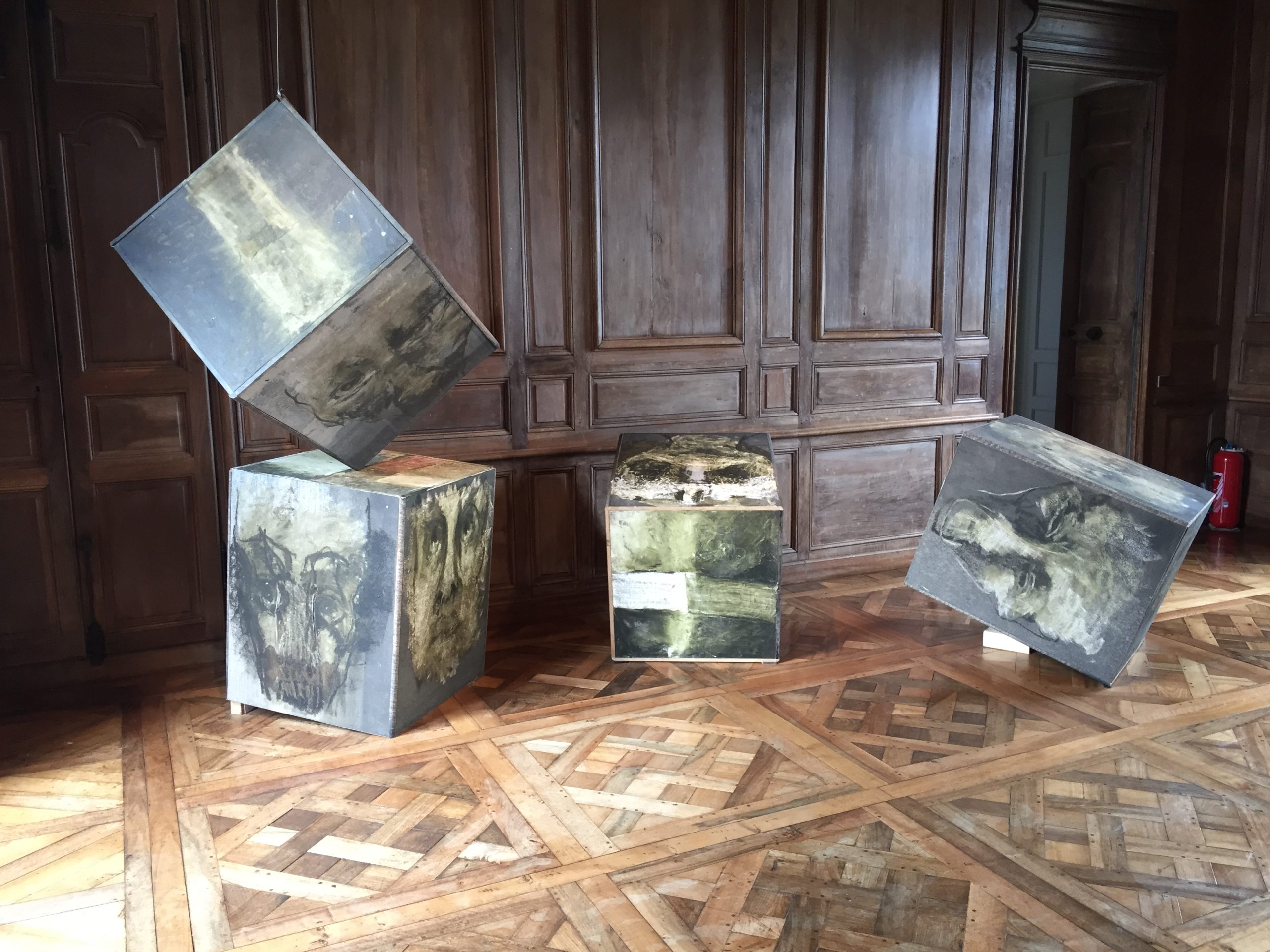 quatre gros cubes avec des portraits sur un parquet motifs de Hongrie et fond de boiserie