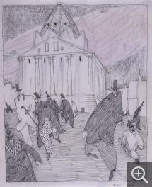 Dessin de Lyonel Feininger : la Bourse avec des passants marchant activement