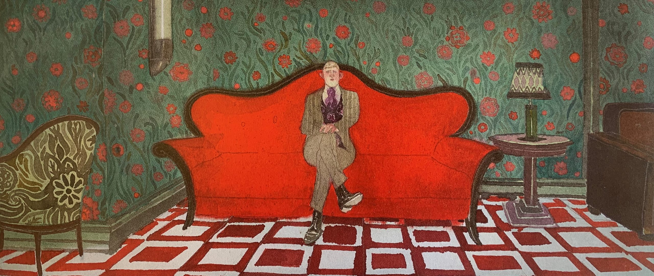 salon viennois 1920 avec canapé à volutes rouge, sol à grands carrés bordeaux et murs fleuris à la Maurice Denis