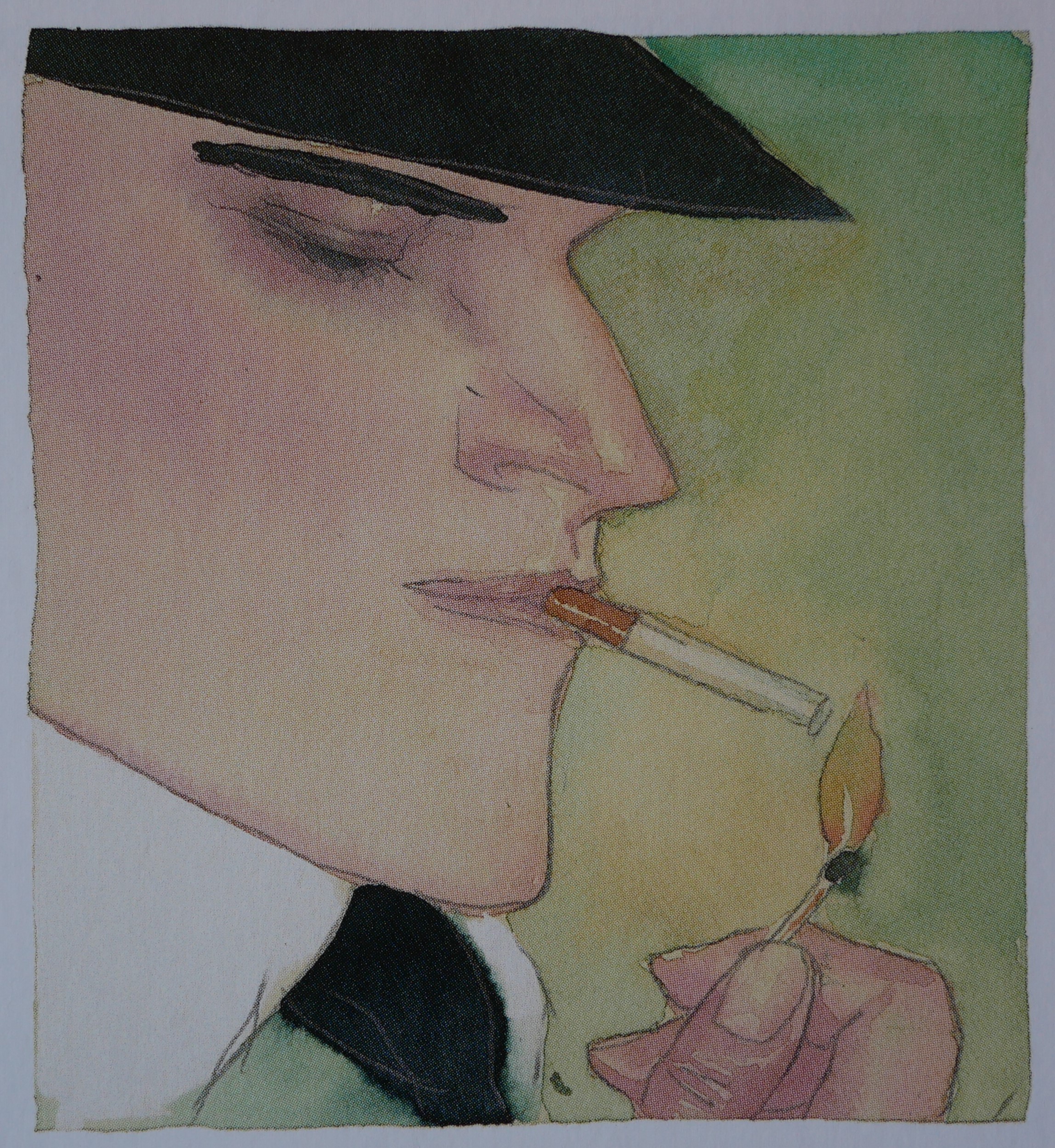 dessin d'un profil de jeune homme avec chapeau et cravate allumant une cigarette