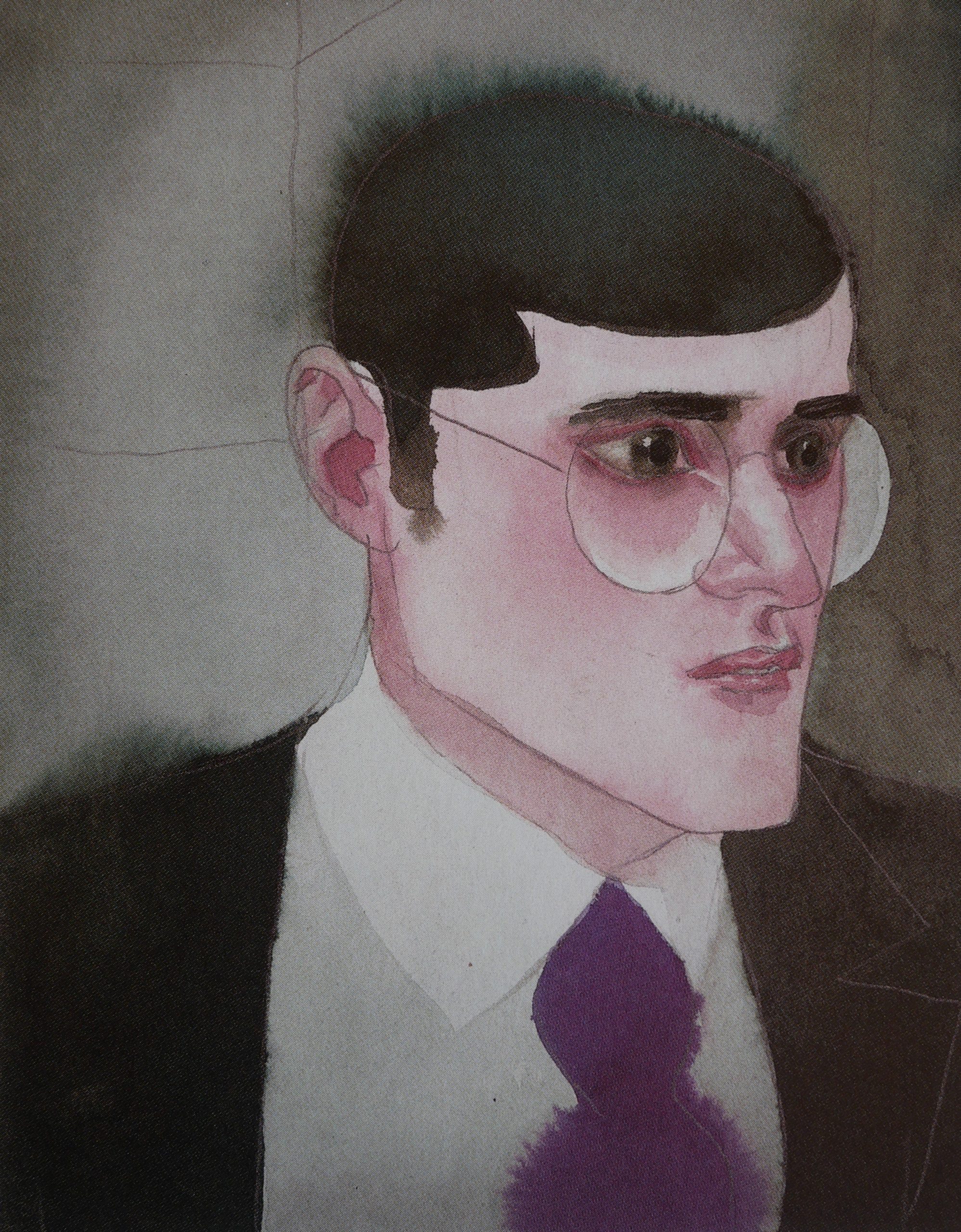 homme à lunettes larges en chemise blanche et cravate violette, dessin aquarelle