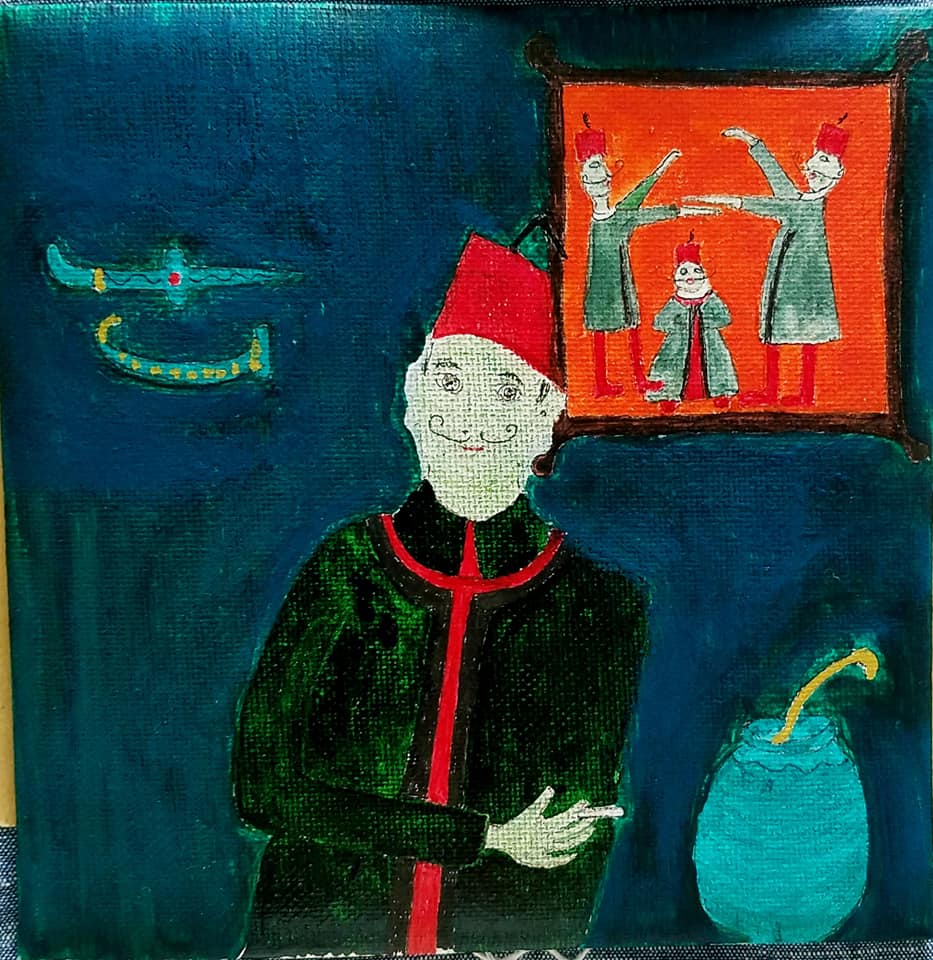 dessin au pastel gras d'un homme en costume irakien avec cigarette dans la main à côté d'une poterie bleue sur fond bleu foncé avec 2 épées au mur et tableau avec 3 personnages irakiens sur fond orange