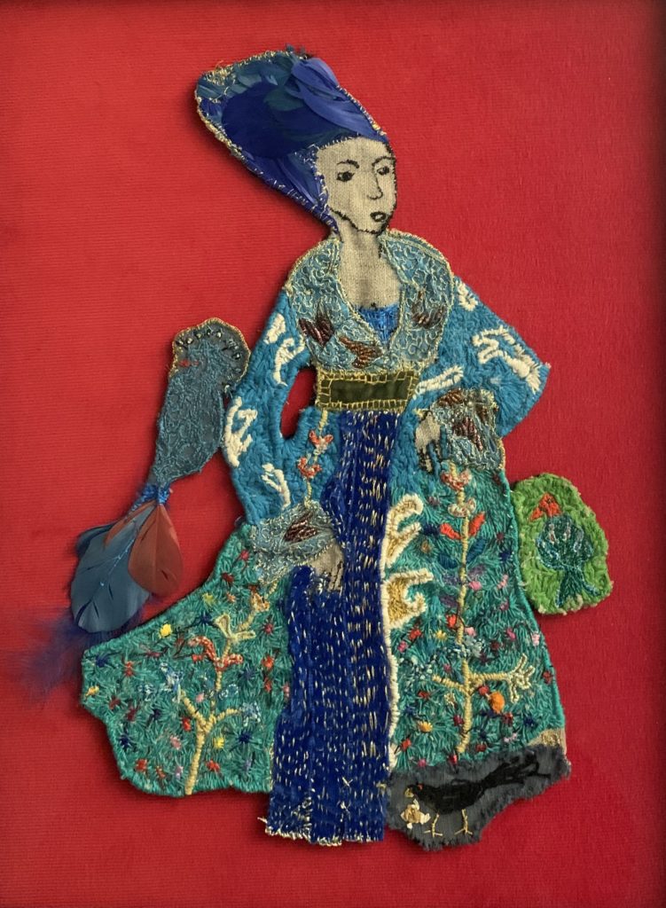 broderie en laine, coton et plumes sur toile de lin. illustration