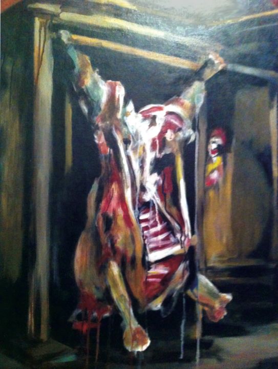 peinture à l'huile de Kendjy représentant une carcasse de boeuf et le portrait du clown symbole du fast food Mc Donald