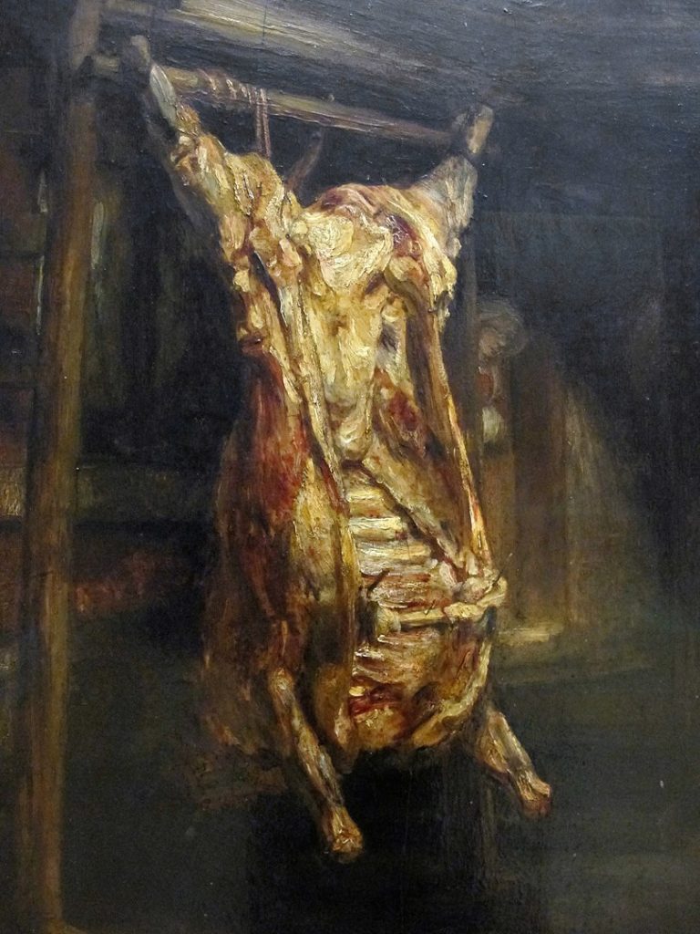 tableau réalisé à l'huile par le peintre Rembrandt représentant une carcasse de boeuf suspendue