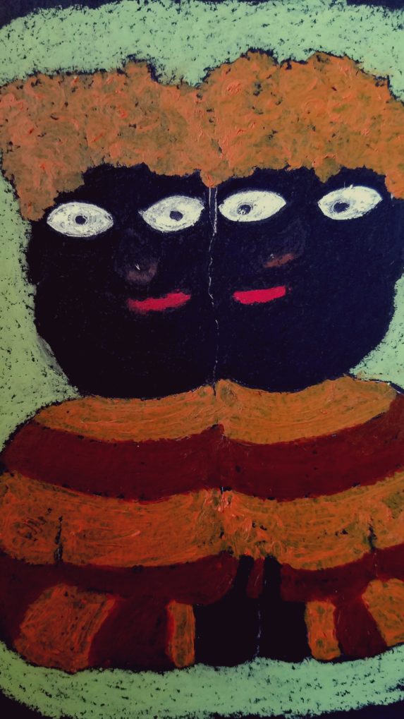 dessin au pastel gras sur papier noir d'Elisabeth Baldach représentant deux garçons