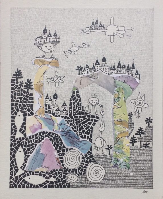 image d'un dessin collage Christien de Jong représentant un paysage avec des construction, des oiseaux et des poissons
