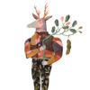 image d'un dessin et collage de Vanessa Hié représentant un cerf costumé et portant une tige de feuilles et fleurs