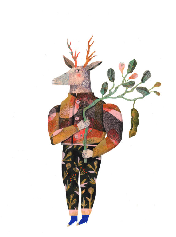 image d'un dessin et collage de Vanessa Hié représentant un cerf costumé et portant une tige de feuilles et fleurs