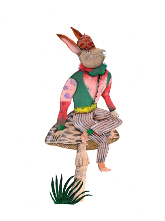 dessin à l'encre de Vanessa Hié qui représente un lapin costumé assis sur un champignon