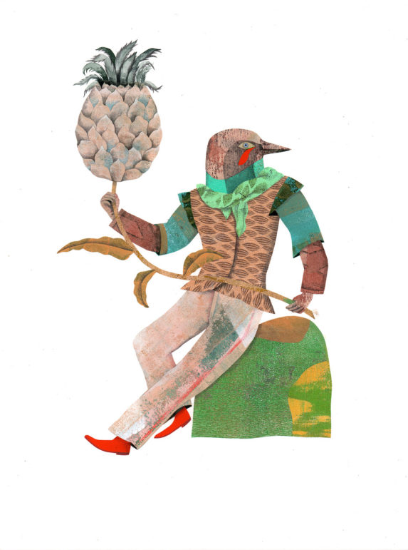 dessin à l'encre de Vanessa Hié qui représente un oiseau costumé assis sur un rocher et portant une fleur d'ananas