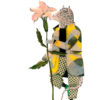 dessin de Vanessa Hié à l'encre représentant une panthère costumé avec élégance d'un pantalon à carreaux et d'une jaquette à motifs géométriques jaunes et verts tenantune grande fleur de lys