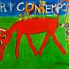 image d'une peinture de Stéfan Vivier à l'acrylique qui représente un âne rouge brutant dans un pré avec des oiseaux sur son dos et qui peint avec sa queue une toile sur chevalet