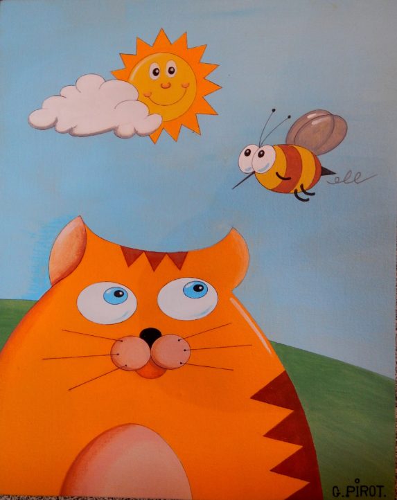 image d'un tableau de Guy Pirot qui représente un chat roux tigré regardant une abeille en plein vol dans un ciel bleu ensoleillé