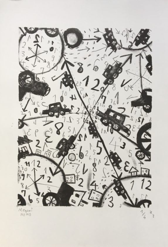 dessin au crayon noir de Megumi Nemo représentant des boussoles, des flèches et des automobiles