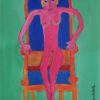 image d'un tableau de Stefan Vivier qui représente une femme assise sur un grand fauteuil bleu sur fond vert