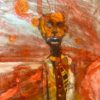 image d'une peinture de Laudac avec dominante de couleurs orange représentant un homme de face devant paysage