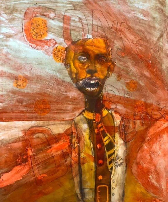 image d'une peinture de Laudac avec dominante de couleurs orange représentant un homme de face devant paysage