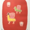 lithographie de Megumi Nemo représantant sur fond orange deux animaux portant sur leur dos un verre et deux verres isolés