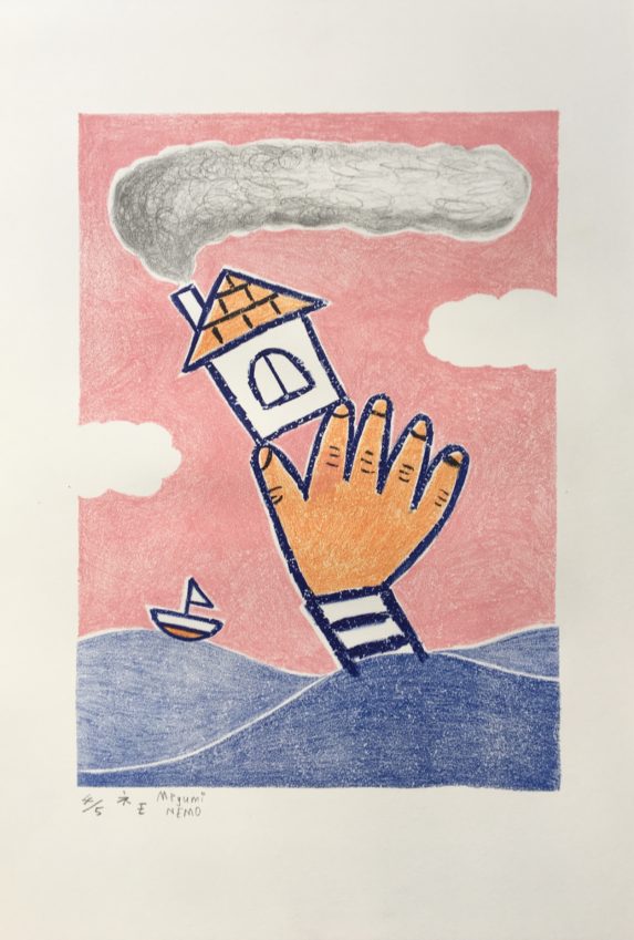 image d'un dessin de Megumi Nemo représentant une main de marin portant une maison en mer