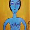image d'une peinture de Stefan Vivier qui représente une femme debout visible de la tête au nombril, corps bleu sur fons ocre