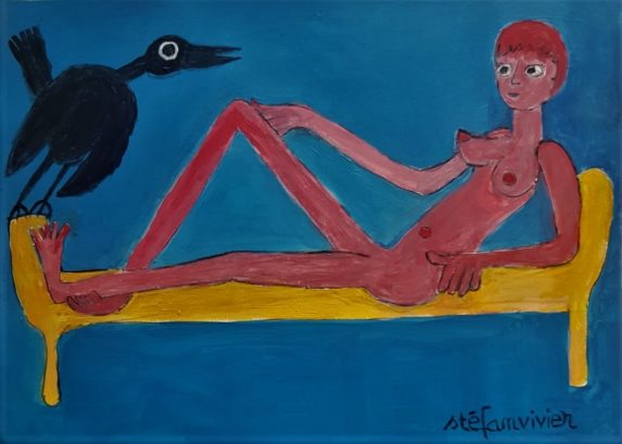 image d'une peinture de Stefan Vivier représentant une femme allongée avec un corbeau perché sur le pied du lit