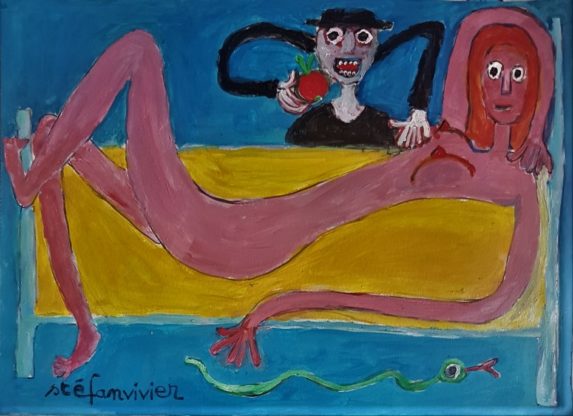 image d'une peinture de Stefan Vivier représentant une femme nu allongée avec une sorcière en noire lui proposant une pomme