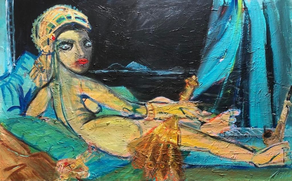 tableau du duo Klum Klick qui représente une femme allongé qui réinterprète un célébre tableau de Ingres