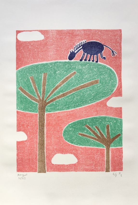 image d'un dessin de Megumi Nemo représentant un cheval bleu sur pins parasol sur ciel rouge