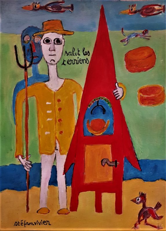 image d'une peinture de Stéfan Vivier qui représente un paysan avec forche à côté d'une maison fusée