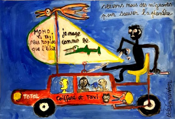 image d'une peinture acrylique de Stéfan Vivier sur le thème des migrants, humour noire