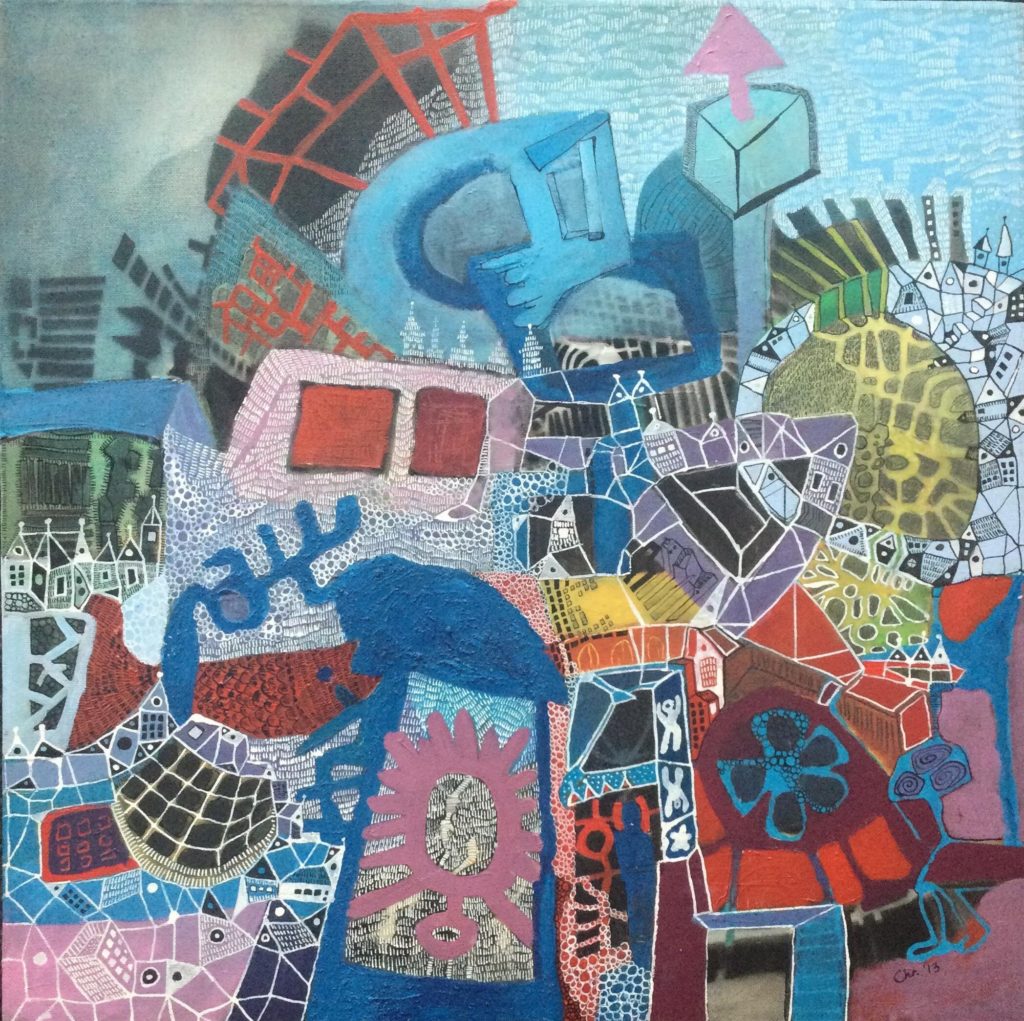 image qui représente une oeuvre de Christien de Jong réalisé à l'encre et collage qui représente un monde magique