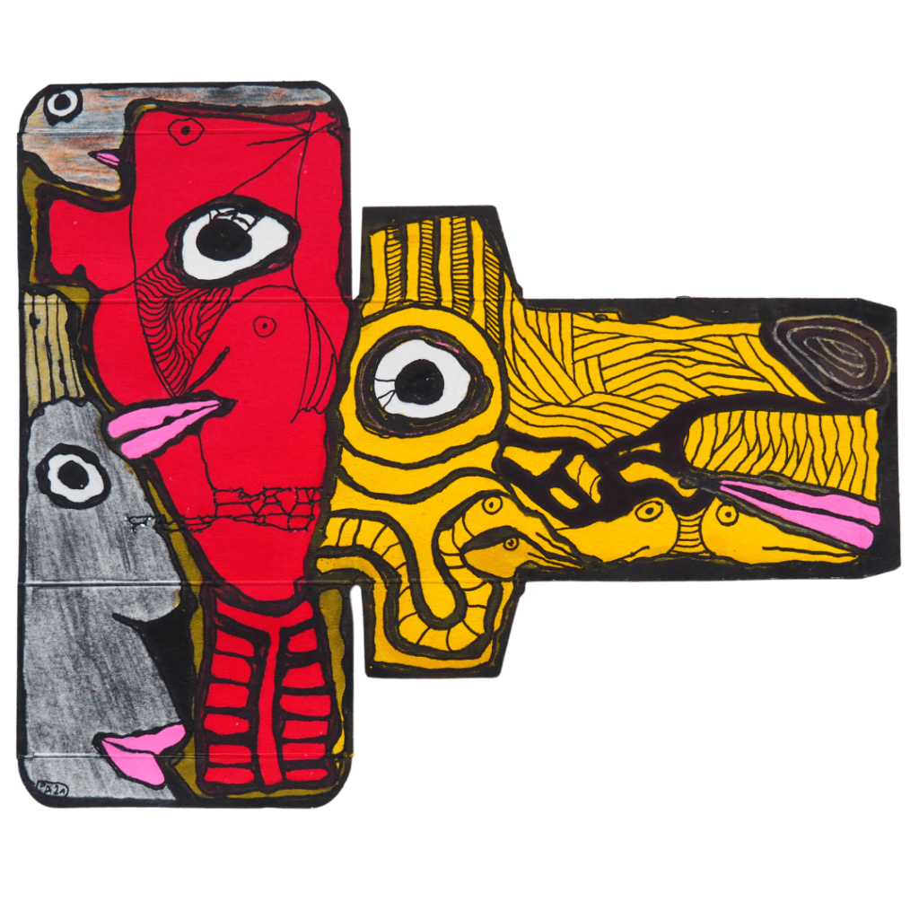 Dessin sur emballage – 32,5x27 cm – encre, Posca, crayon