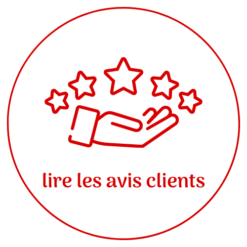 graphisme au trait rouge qui représente une main avec cinq étoiles pour noter la satisfaction client