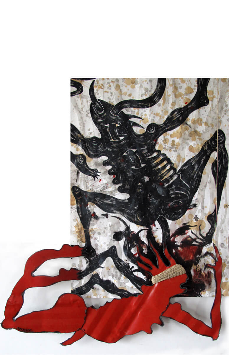 Ursin, [F]anges 5, 2020, acrylique sur papier et sculpture métal, 85x72 cm (dessin,70x50 cm, sculpture, 36x68 cm), 1.400 €