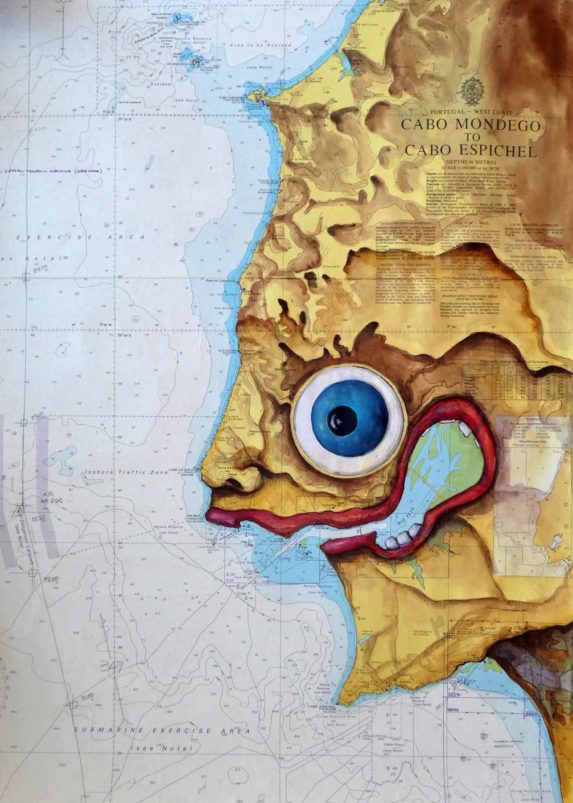 Dessin de Marcoleptique sur carte marine 1980 Dimensions 50 x 70 cm 450 euros