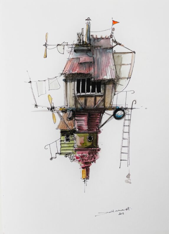 Dessin de l'artiste cabaniste David Mansot à l'encre et aquarelle d'une cabane volante