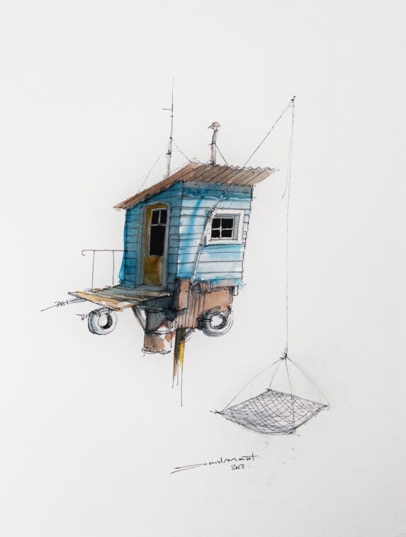Dessin de l'artiste cabaniste David Mansot à l'encre et aquarelle qui représente une cabane à carlet