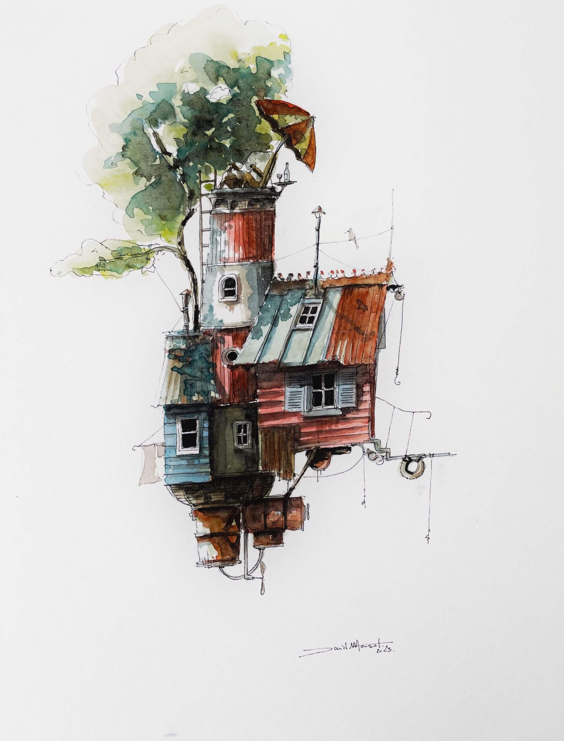 Dessin encre et aquarelle de l'artiste cabaniste David Mansot d'une cabane dans les arbres
