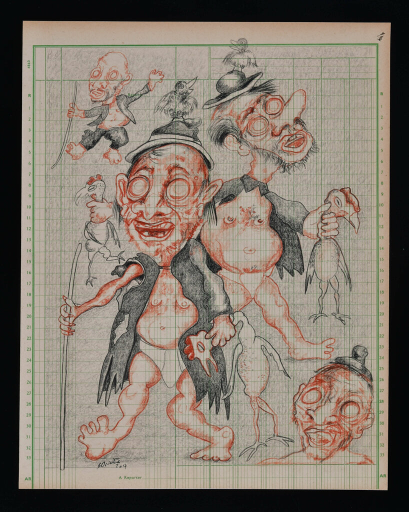 dessin de Bernard Briantais Grotesque noiceur 2-2018-Sanguine et pierre noire sur livre de compte-36x30cm-300€.