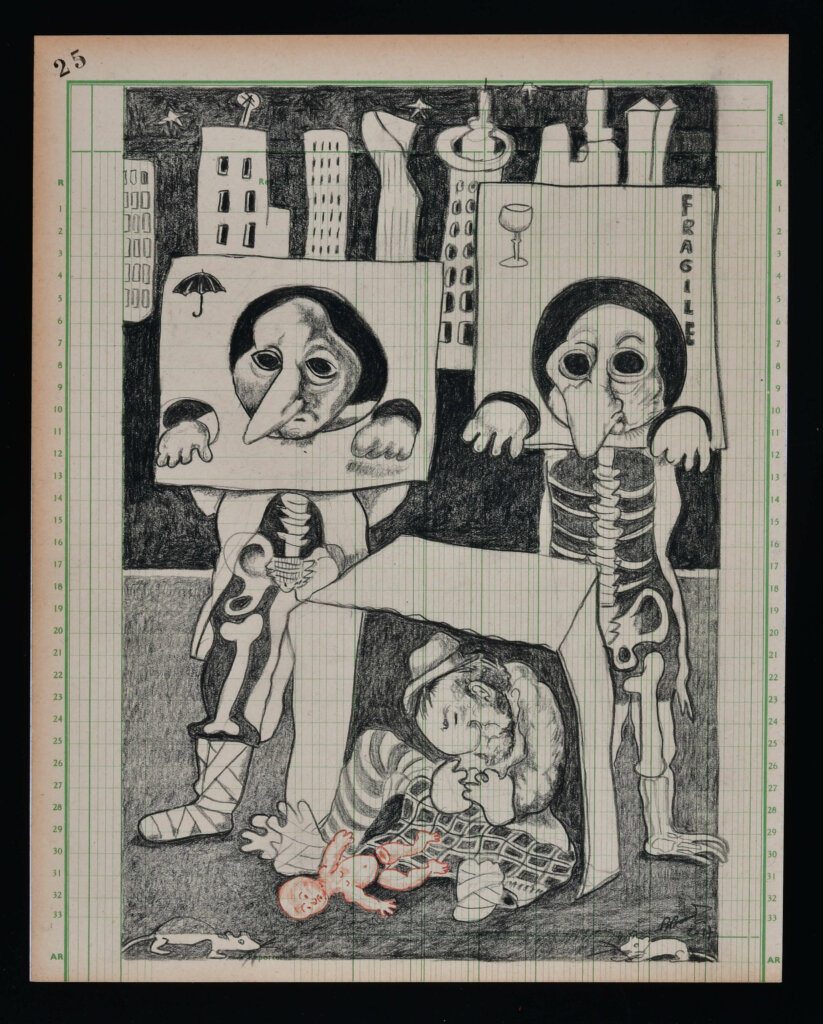 oeuvre de Bernard Briantais 11-Grotesque noirceur-2018-Pierre noire sur livre de compte-36x30-300€