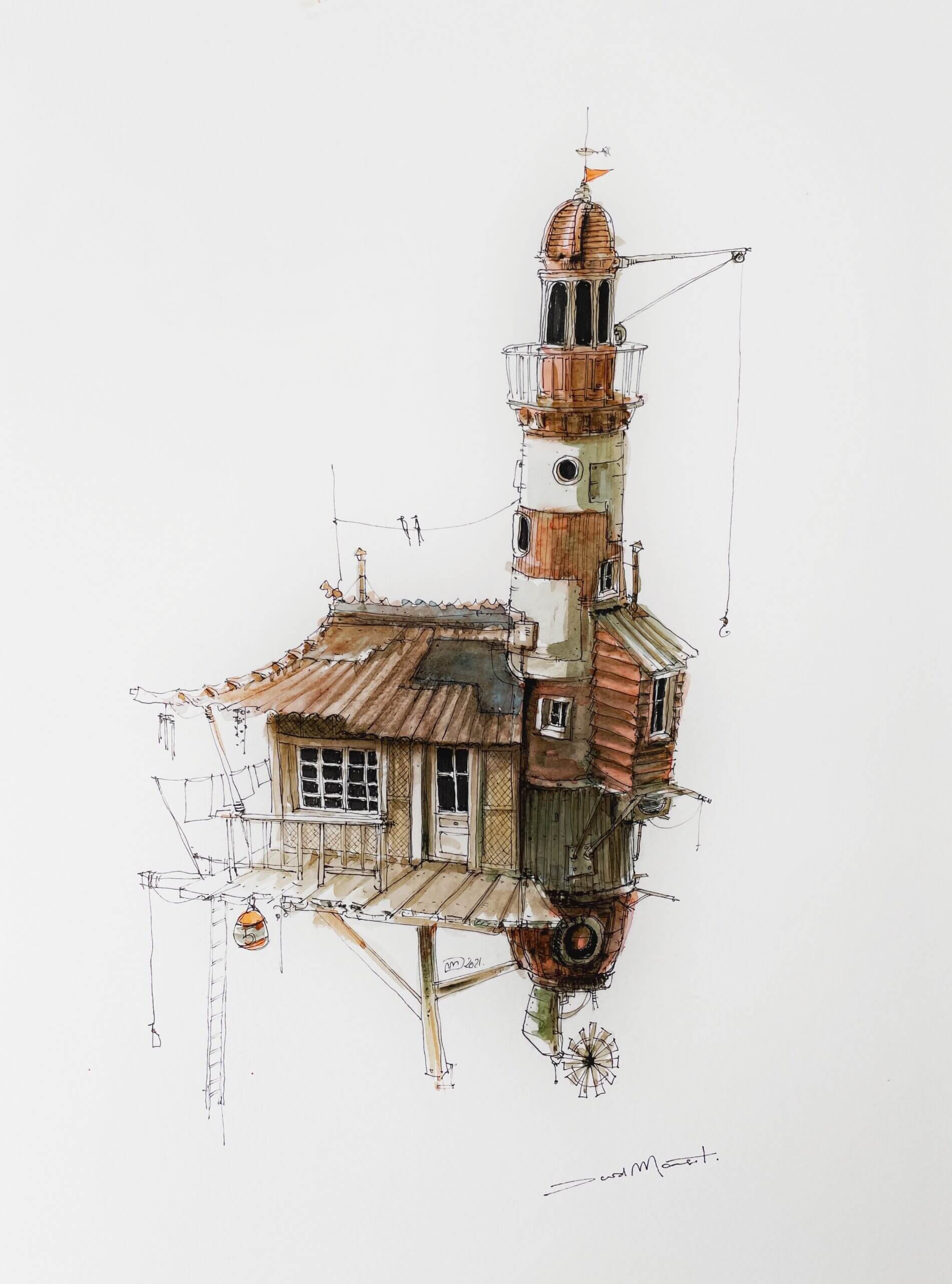 Encre et aquarelle de David Mansot artiste cabaniste qui représente une cabane adossée à un phare