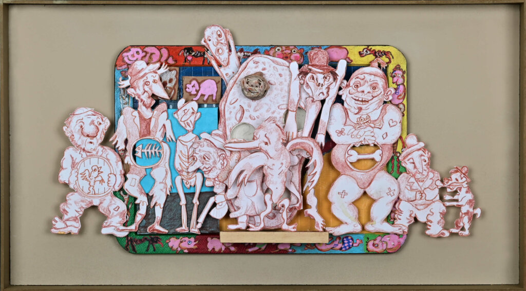 saynète de Bernard Briantais Les ventres creux-2022-Papier découpé ,collé sur ardoise d'écolier-56x35x5cm-
