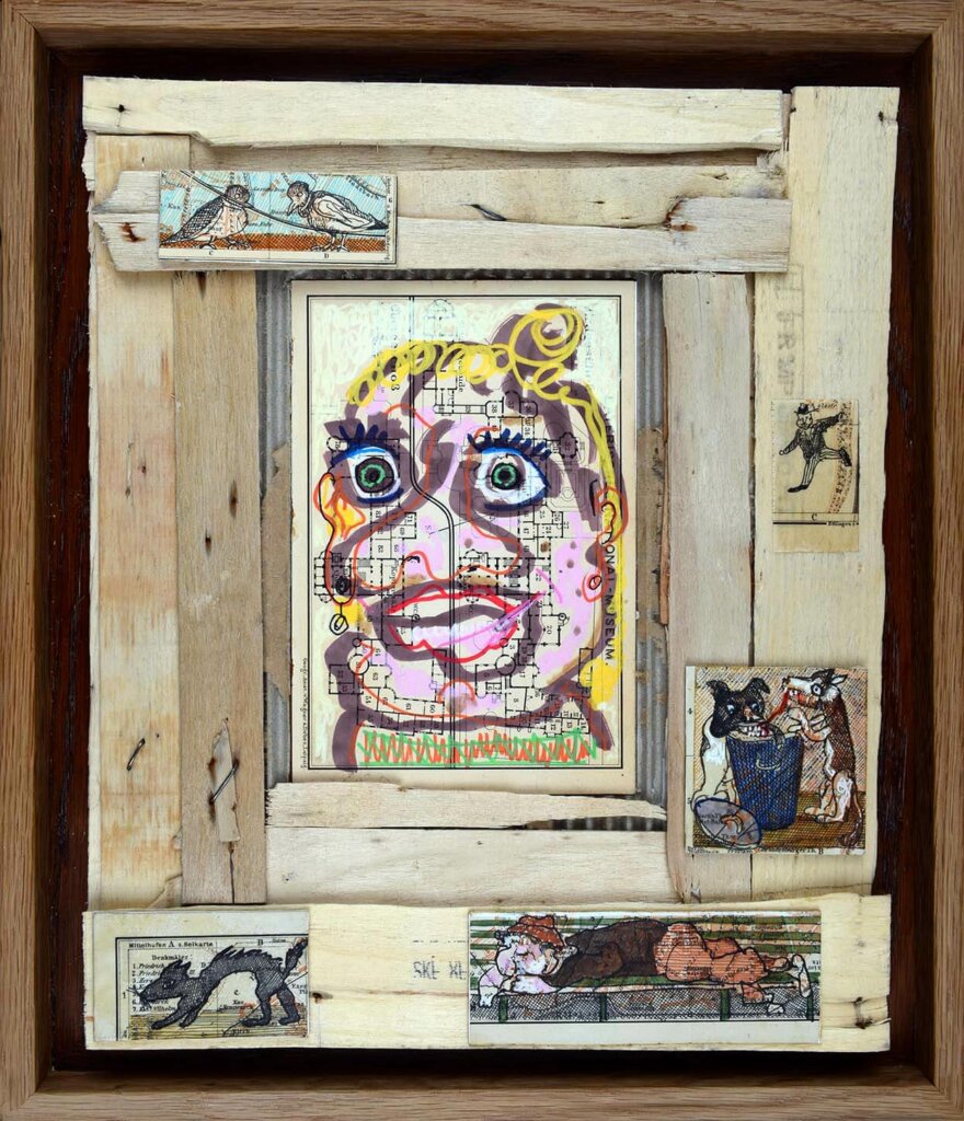 oeuvre de Bernard Briantais Mauricette-2018- Cagette et dessins-34,5x29,5cm-220€