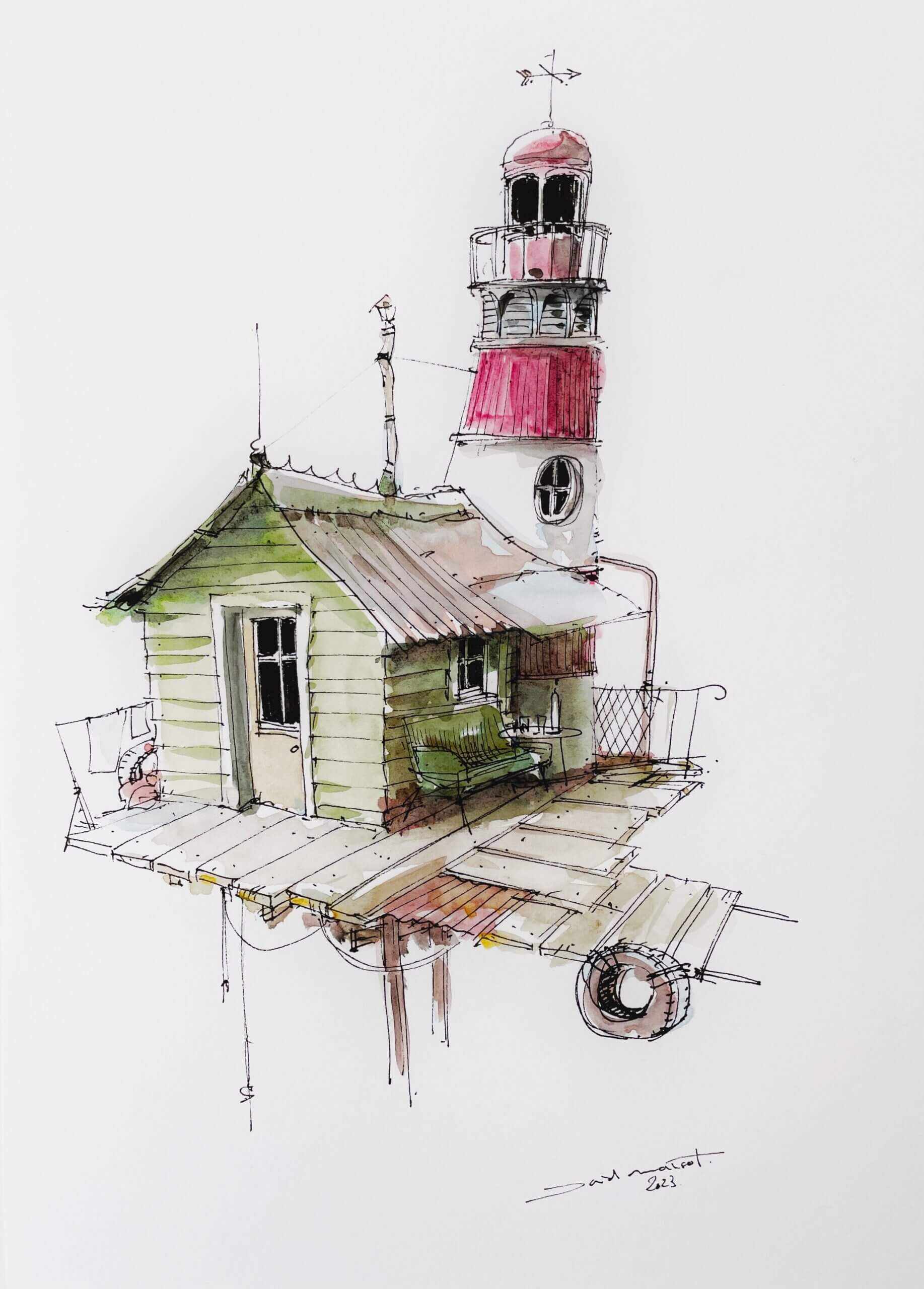 Dessin encre et aquarelle d'une cabane avec phare du cabaliste David Mansot
