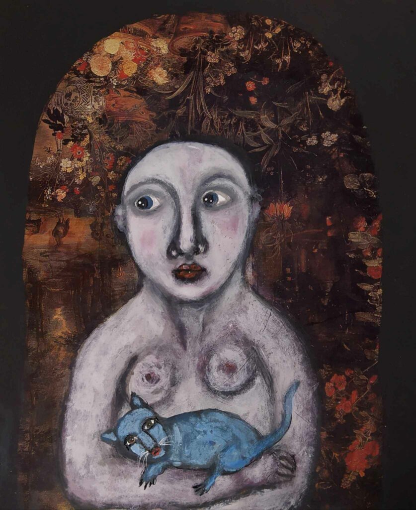 Peinture acrylique sur reproduction de Delphine Cadoré Série "Détournements d'artistes majeurs par artiste mineur" Dimensions 26 x 21,5 cm