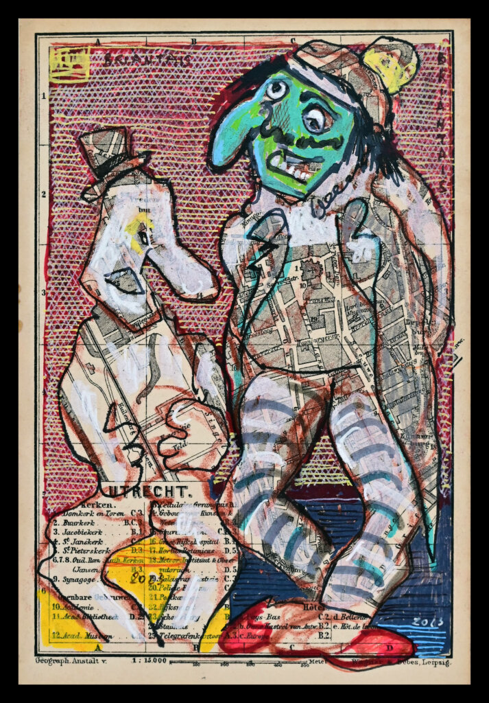 oeuvre de Bernard Briantais Dessin sur plan de ville guide Baedecker années 1920 Encre et acrylique Posca Encadrement verre anti-reflet 26,5 x 32 cm (sujet 10,5 x 15,5 cm)