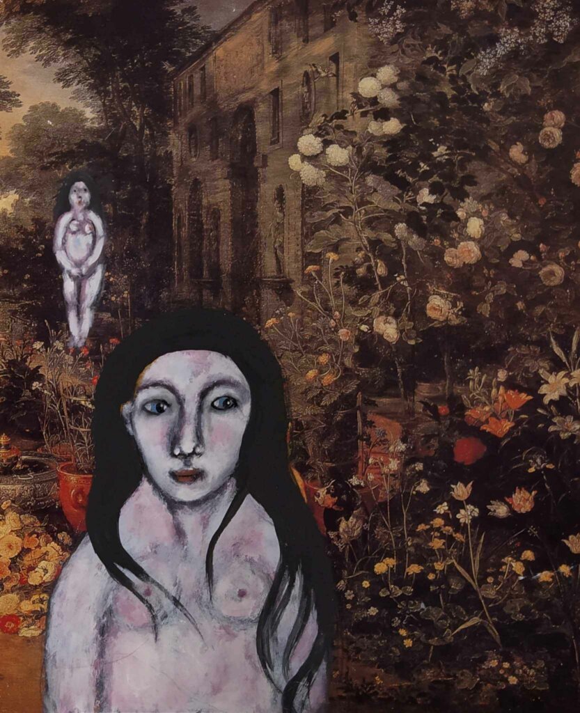 oeuvre de Delphine Cadoré série Détournements d'artistes majeurs par artiste mineur, peinture sur reproduction 21,5 x 26 cm