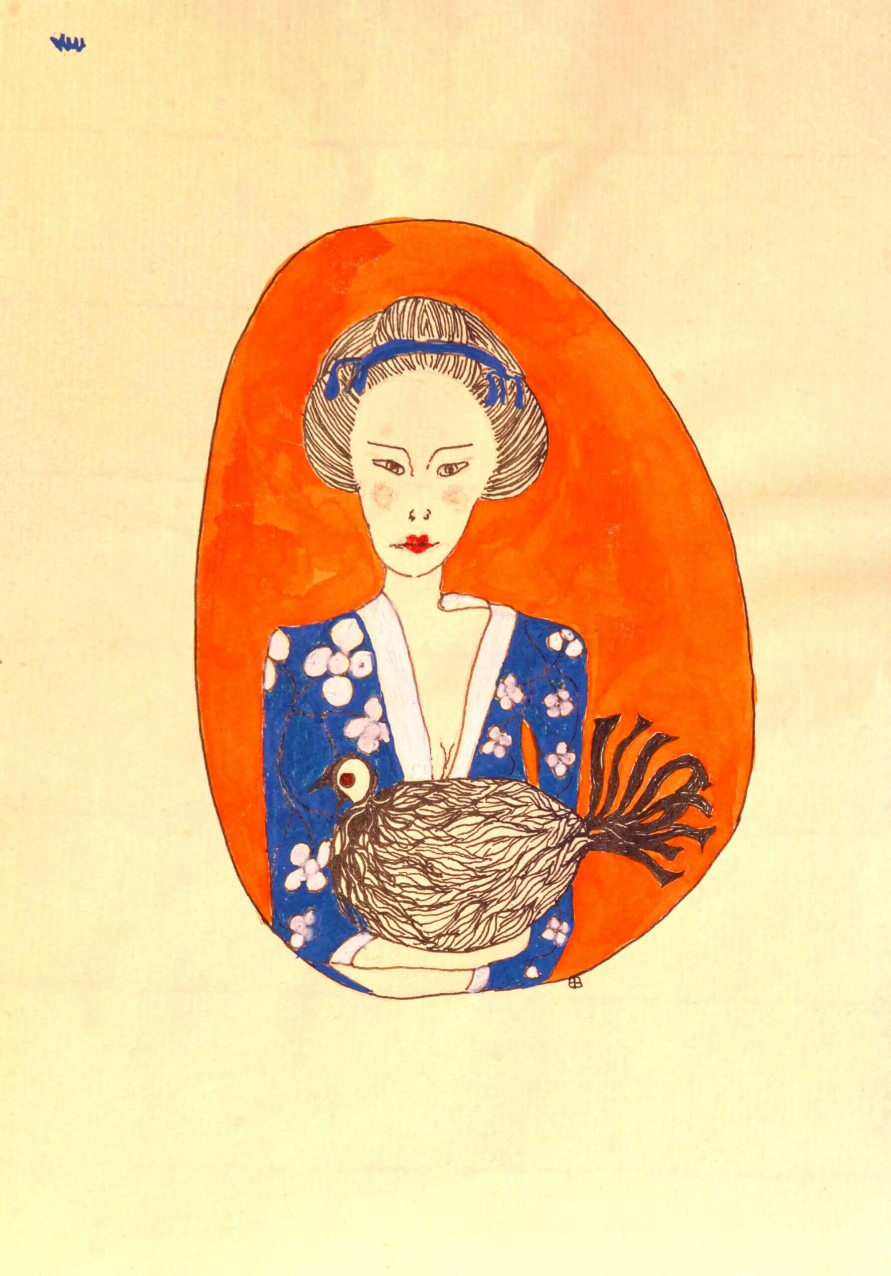 oeuvre d'Elisabeth Baldach "Saphir à la poule Wyandotte dessin encres indienne et de Chine, craie 21 x 29,7 cm
