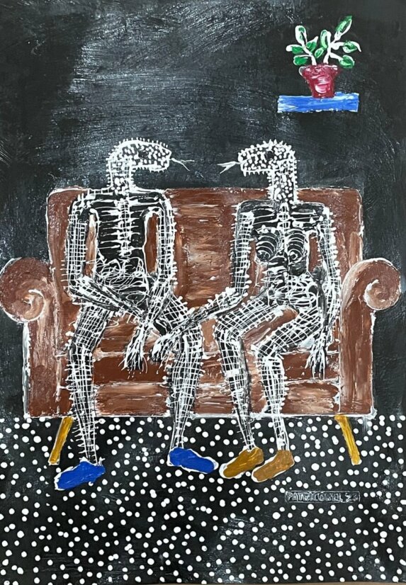 oeuvre du peintre Patricorel qui représente un couple assis sur un canapé